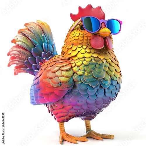 Rainbow sunglasswearing chicken, trendy bird, 3D illustration, isolated on white background photo