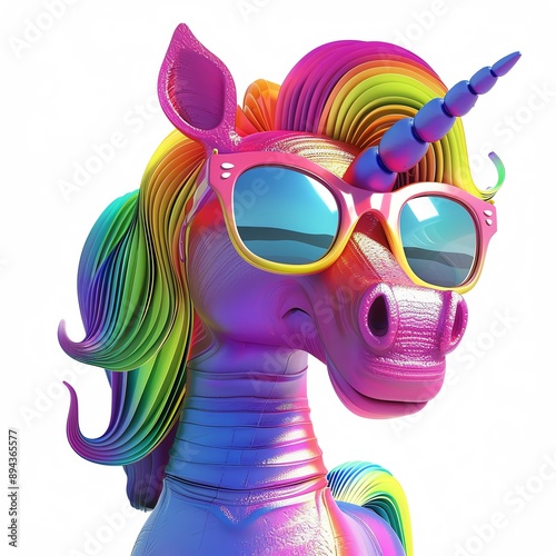 Rainbow sunglasswearing pony, trendy mammal, 3D illustration, isolated on white background photo