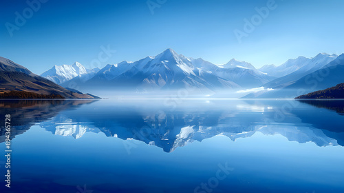 Tack-sharp image of a serene lake reflection, perfect symmetry, mountain backdrop, © SU CrossCutting Film