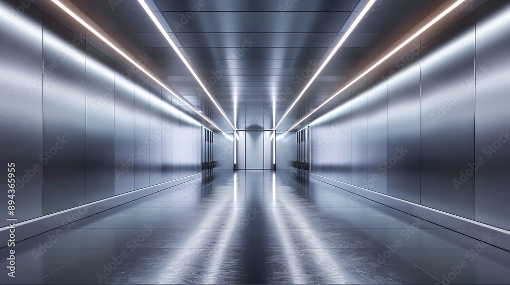 empty space in spacious corridor with gray floor and walls surrounded by glowing lights empty space in spacious corridor with gray floor and walls surrounded by glowing lights