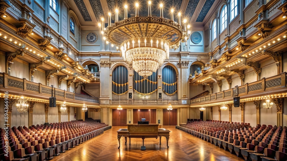 Obraz premium Rows of vacant seats face a majestic stage adorned with intricate chandeliers, gleaming organ pipes, and a grand piano, awaiting a symphonic performance.