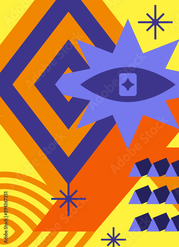 Card with the image of geometric elements. Composition with the letter R. Abstract poster on a yellow background. Vibrant abstract illustration.