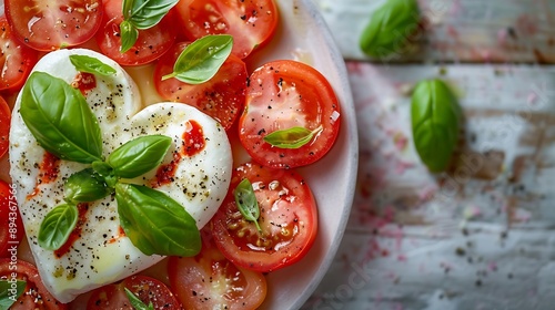 Heart shaped Italian Caprese Salad arranged by Italian basilbuffalo mozzarella and tomatoes look like Italian Flag on plate with white wood table backgroundLove Italian food concept fo : Generative AI photo