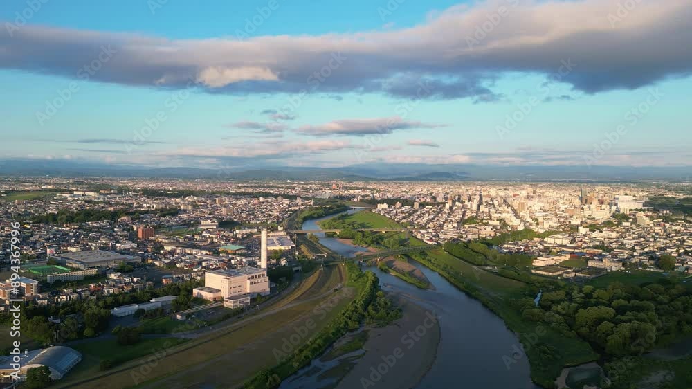 Asahikawa, Japan: Aerial drone footage of the sunset over the Asahikawa city in Hokkaido in japan in summer