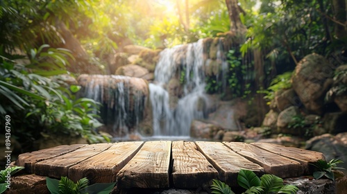 Waterfall with empty table top old wood podium outdoor in tropical forest greenery blurred backgroundOrganic healthy natural product present placement pedestal counter displaynature ju : Generative AI photo