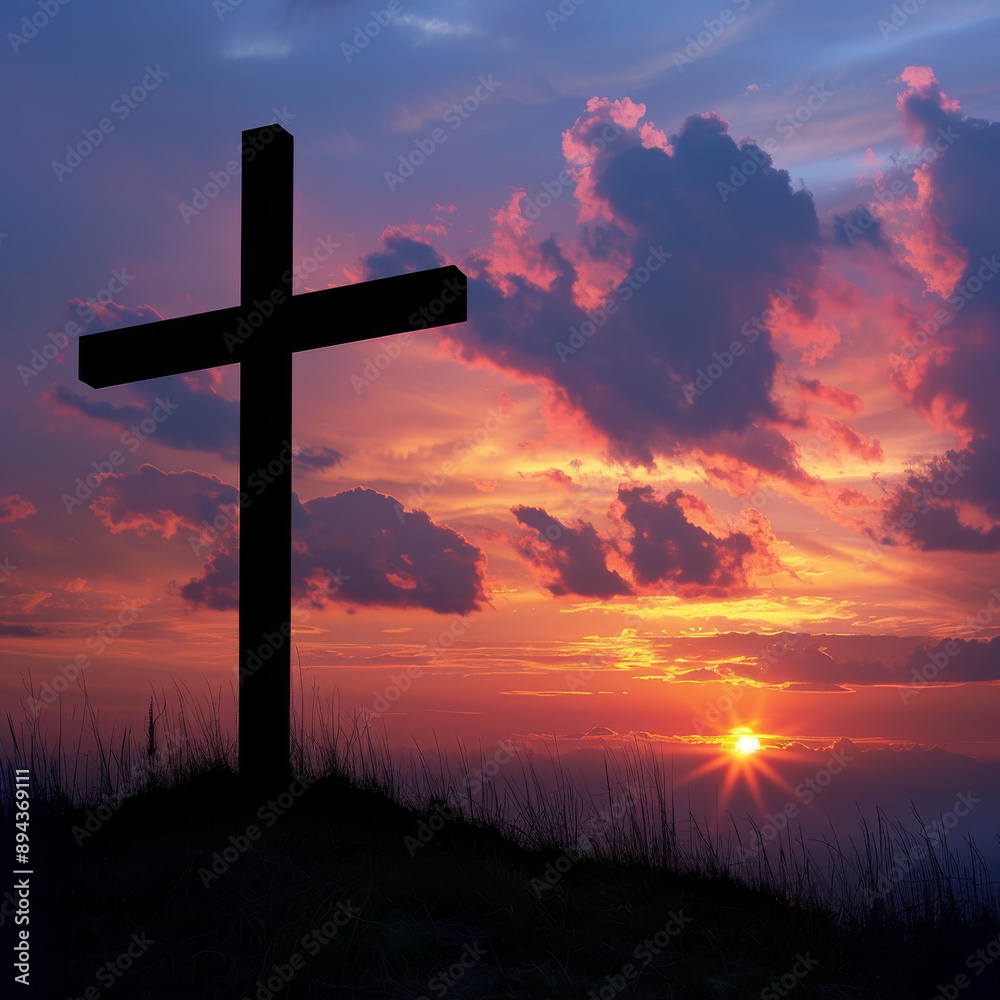 The cross stands tall on Calvary hill, its silhouette against the vibrant hues of sunrise and sunset. The empty space invites reflection on the Christian concept of Ascension Day. The cross stands tall on Calvary hill, its silhouette against the vibrant hues of sunrise and sunset. The empty space invites reflection on the Christian concept of Ascension Day.