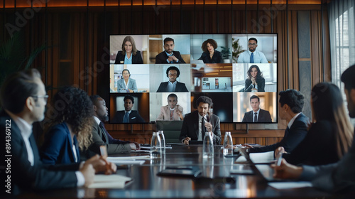 Global virtual meeting with diverse employees on TV screen in boardroom conference
