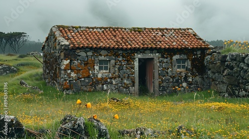 Typical abandoned stone house in Faj dos Cavaletes So Jorge IslandAzoresPortugal : Generative AI photo