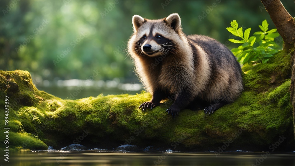 a raccoon standing on a log in the forest a raccoon standing on a log in the forest
