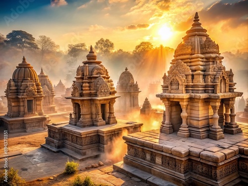 Serene morning mist wraps around ancient Indian temple ruins as warm golden light illuminates intricate carvings, evoking a sense of spiritual contemplation and inner peace. photo