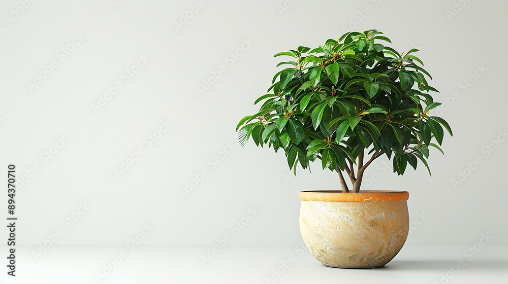 Fototapeta premium Dwarf umbrella tree in a pot on a white background : Generative AI