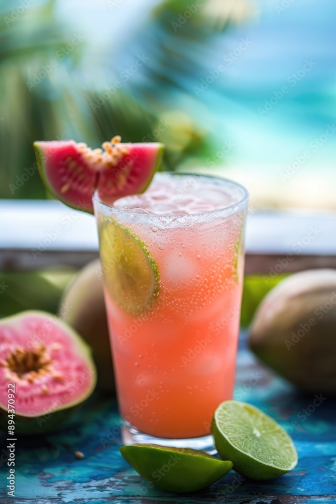Guava cocktail on tropical beach with limes