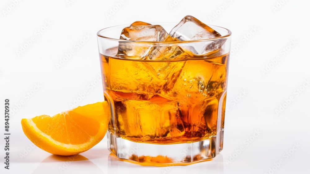 Long island iced tea cocktail with orange garnish on white background with splashing effect Long island iced tea cocktail with orange garnish on white background with splashing effect