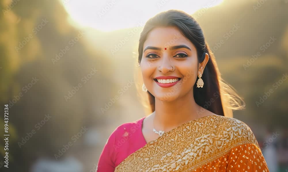 Portrait of a beautiful Indian woman in saree smiling at the camera