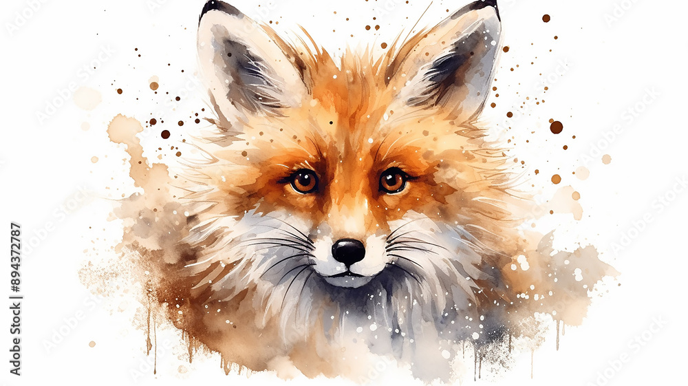 Fototapeta premium Cunning red fox, an eared predator, a wild beast in colored splashes of watercolor paints