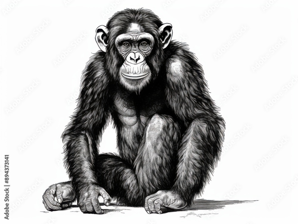 Fototapeta premium Black and white Vintage engraved art of a chimpanzee isolated on white background, ink sketch illustration, simple vector art design, highly detailed line art, high contrast