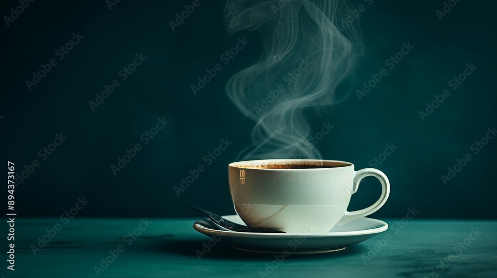 Inviting white coffee cup on saucer against teal background, emitting warmth and relaxation Inviting white coffee cup on saucer against teal background, emitting warmth and relaxation