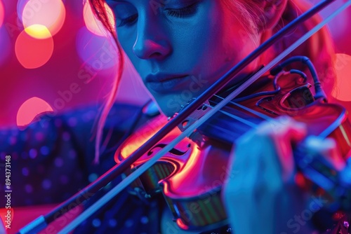 A close-up shot of a musician playing the electric violin on stage, captured under colorful concert lighting. The fingers expertly move along the strings, and the intensity of the performance is