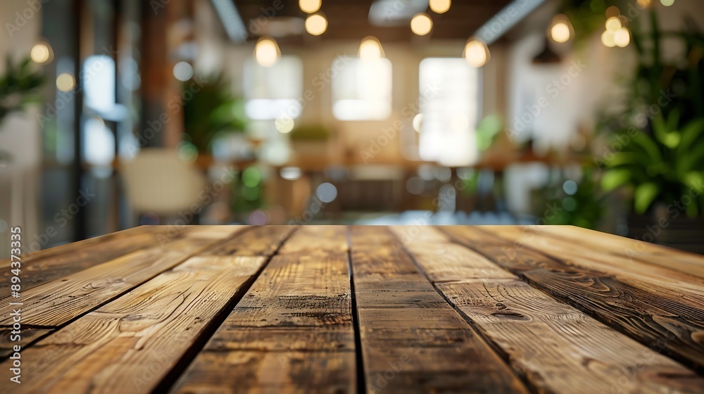 wooden table on Blurred empty open space office Abstract light bokeh at office interior background for design : Generative AI wooden table on Blurred empty open space office Abstract light bokeh at office interior background for design : Generative AI