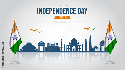 Happy Independence day India Social Media Post and Flyer Template. 15th August - India Independence Day Celebration Greeting Card with Text and India Flag with Skyline Vector Illustration