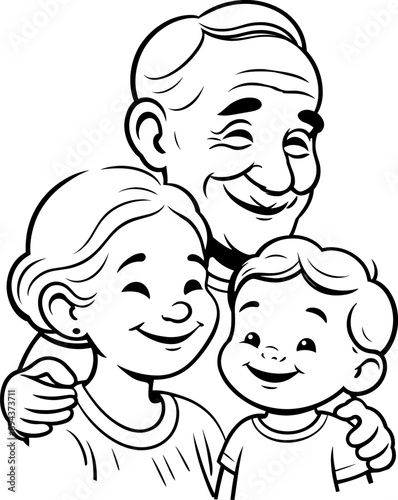 Grandparents and grandson cartoon outline illustration svg for happy family, senior, grandparents day, happy people, portrait, grandchild, aged, care, aging society, generation, coloring pages