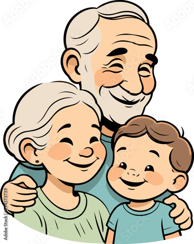 Grandparents and grandson cartoon illustration svg design element for happy family, senior, grandparents day, happy people, portrait, grandchild, aged, care, aging society, gathering, generation, art