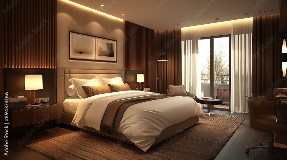 Stylish room interior with large bed near brown wall : Generative AI Stylish room interior with large bed near brown wall : Generative AI