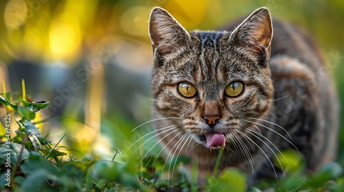 funny cat pixie bob species village cat looking very curious  naughty into lensCute Pixiebob  with yellow eyesThis  breed is a mix between a common cat Lovely fluffy cat licking lips : Generative AI photo