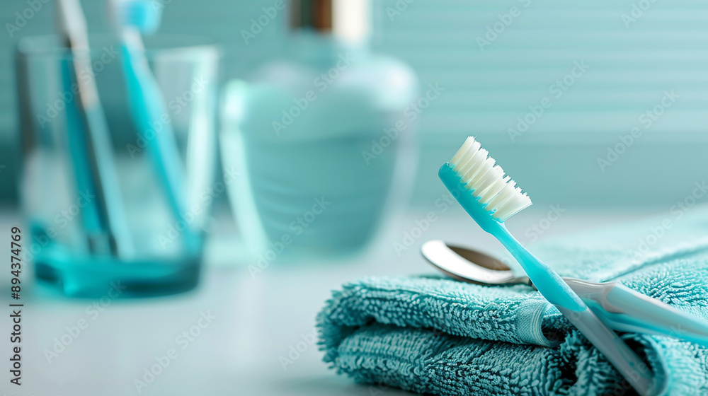 Close-up of a blue toothbrush on a folded towel with a blurred bathroom background, promoting oral hygiene and cleanliness. Close-up of a blue toothbrush on a folded towel with a blurred bathroom background, promoting oral hygiene and cleanliness.
