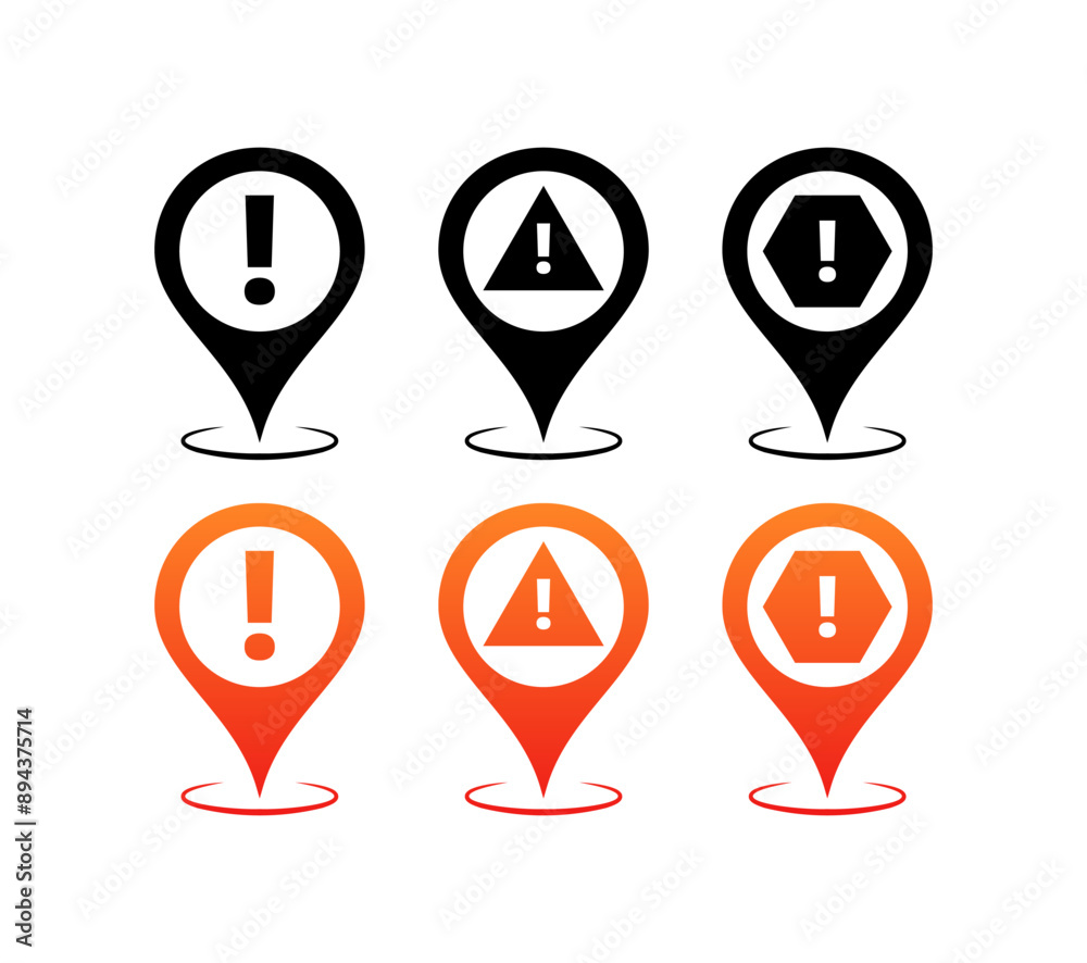 Point of interest set icons. Exclamation Point Icons. Linear, silhouette and flat styles. Vector icons. Point of interest set icons. Exclamation Point Icons. Linear, silhouette and flat styles. Vector icons.