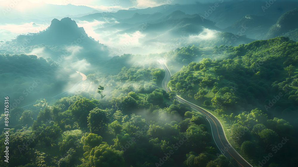 Hyper-realistic aerial view of a winding mountain road, lush forest, morning mist, Hyper-realistic aerial view of a winding mountain road, lush forest, morning mist,