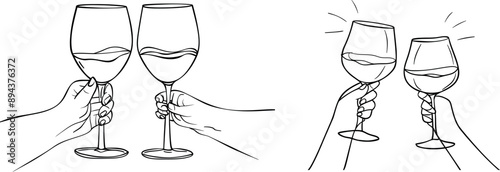 Drawing of two glasses of wine in one continuous line. Concept of celebration. Modern illustration.