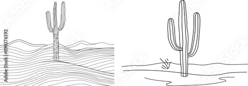 Modern illustration of long cactus as one line drawing. Minimalistic minimalist design on white background.