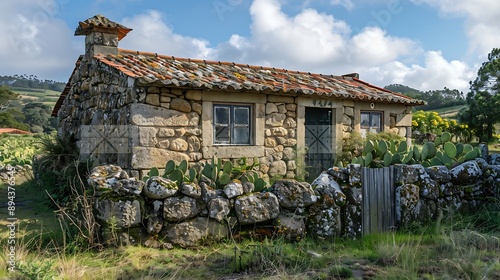 Typical abandoned stone house in Faj dos Cavaletes So Jorge IslandAzoresPortugal : Generative AI photo