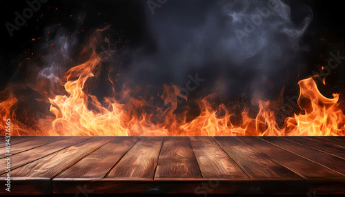 Blazing Fire Scene on Burnt Wooden Background
 photo