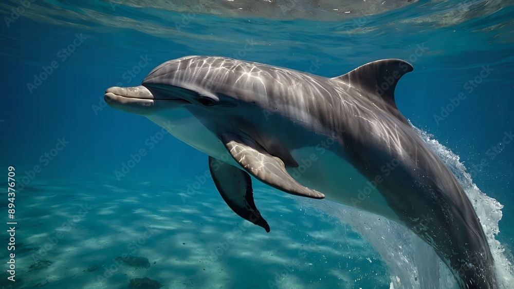 A dolphin making a high arc above the ocean water