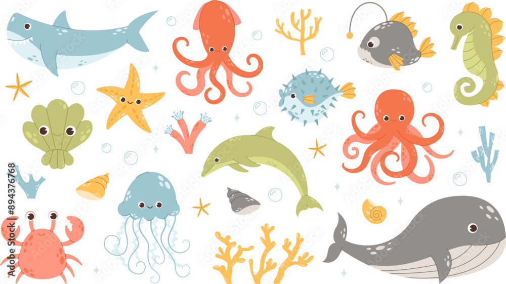 Set with hand drawn sea life elements in flat style. Vector doodle cartoon set of sea life objects for your design. Underwater marine fauna Set with hand drawn sea life elements in flat style. Vector doodle cartoon set of sea life objects for your design. Underwater marine fauna