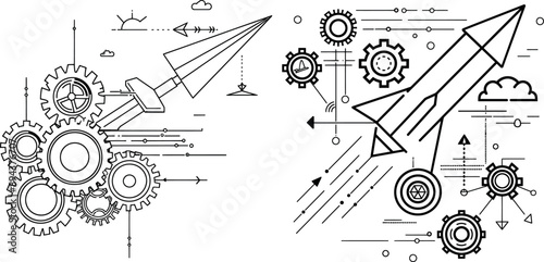 A continuous line drawing of gear wheels and paper planes. Machinery cogwheels in the linear style.