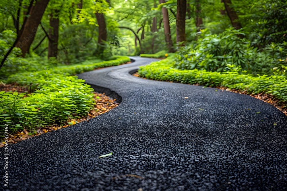 Obraz premium Winding Path Through Lush Green Forest for Nature Relaxation and Outdoor Adventure