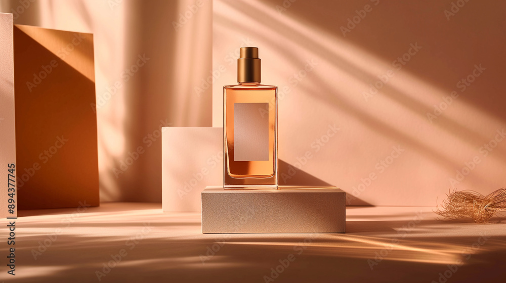 Perfume bottle with clear design on podium in sunlight for branding mockup Perfume bottle with clear design on podium in sunlight for branding mockup