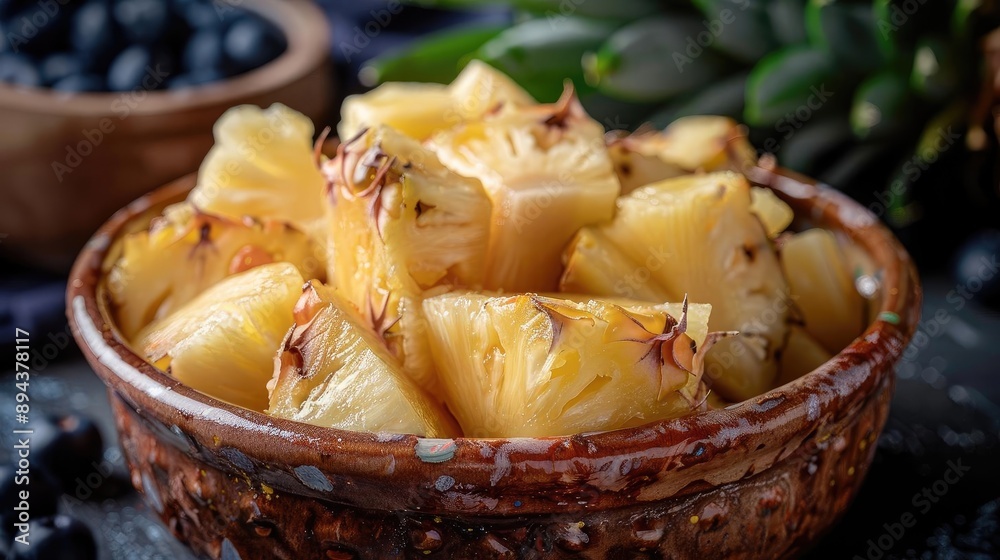 A close-up view of fresh pineapple slices served in a rustic bowl, ready to eat. Perfect for a tropical snack or dessert. A close-up view of fresh pineapple slices served in a rustic bowl, ready to eat. Perfect for a tropical snack or dessert.