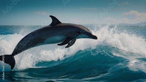 A group of dolphins performing elegant stunts in the warm embrace of the ocean