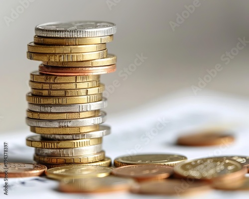 Financial Instability A teetering stack of coins, symbolizing financial instability Keep the background neutral and include space for text