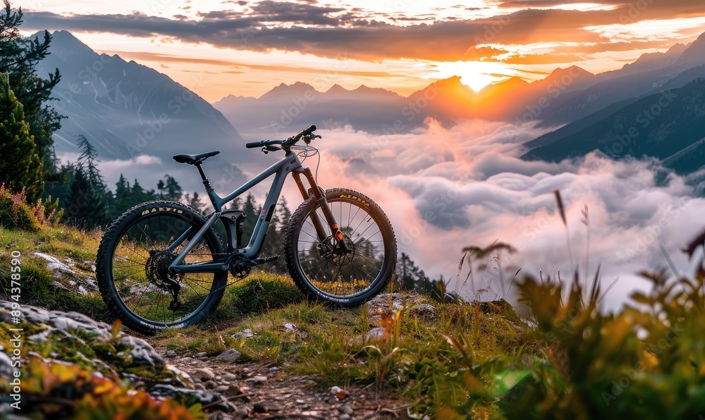 A mountain bike is parked against a stunning backdrop of snowy mountain peaks, representing the adventure and freedom associated with mountain biking in beautiful terrains A mountain bike is parked against a stunning backdrop of snowy mountain peaks, representing the adventure and freedom associated with mountain biking in beautiful terrains