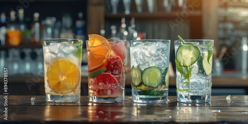 Colorful glasses of fruit juice and mocktails on the bar, with garnishes such as cucumbers, lemons, oranges, and limes. Refreshing summer beverages.