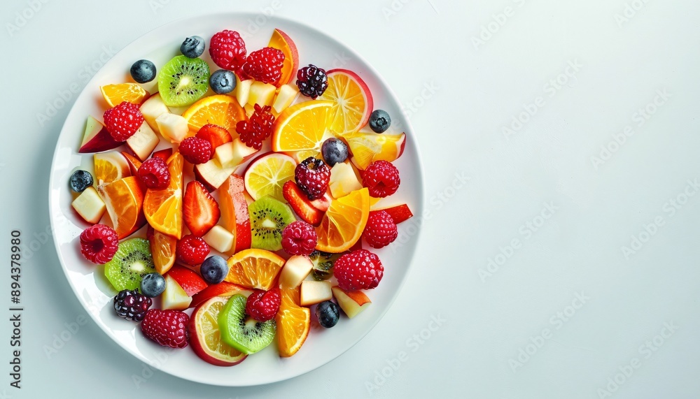 colorful fruit salad arranged in a geometric pattern on a white plate colorful fruit salad arranged in a geometric pattern on a white plate