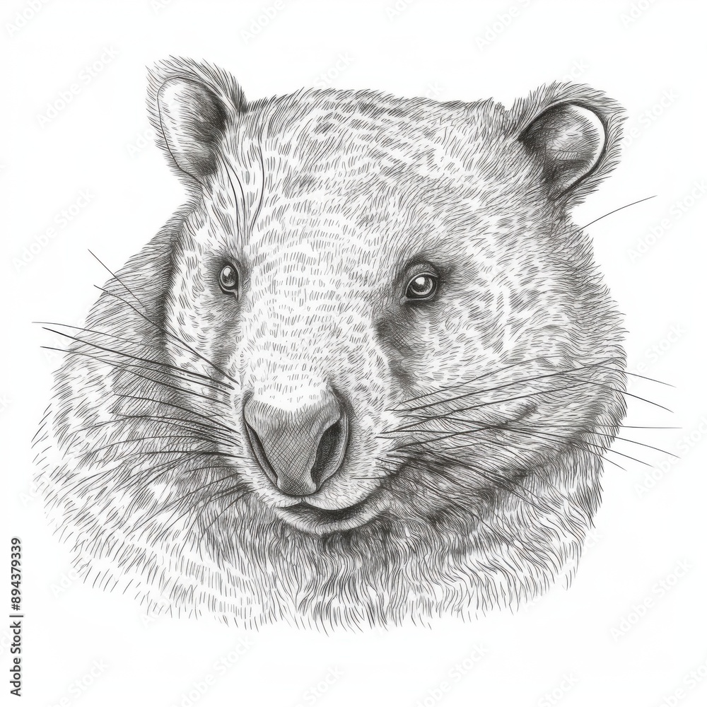 Obraz premium Black and white Vintage engraved art of a portrait of a wombat isolated on white background, ink sketch illustration, simple vector art design, highly detailed line art, high contrasty