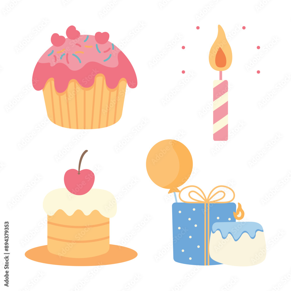 Cute Children Birthday Stuff with Cupcake Candle Gift Box Vector Illustration Set Cute Children Birthday Stuff with Cupcake Candle Gift Box Vector Illustration Set