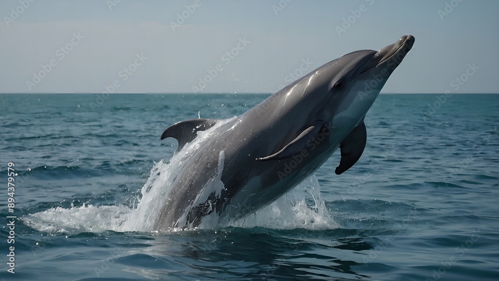 Naklejka premium Dolphins playing joyfully near the ocean shore
