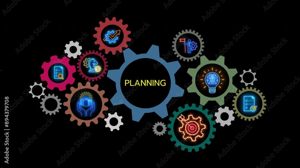 Glowing neon line banner of planning concept with icons of objective, strategy, collaboration, schedule, act, launch, check and implementation isolated on transparent background. Glowing neon line banner of planning concept with icons of objective, strategy, collaboration, schedule, act, launch, check and implementation isolated on transparent background.